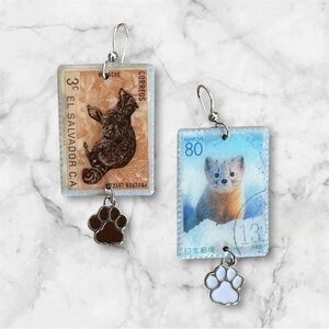 Sable Racoon vintage stamp earrings custom made paw charm sterling wires OOAK